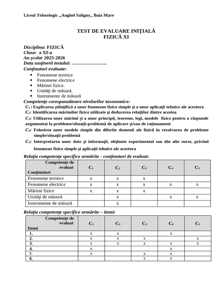 Test Initial Fizica Xi | PDF