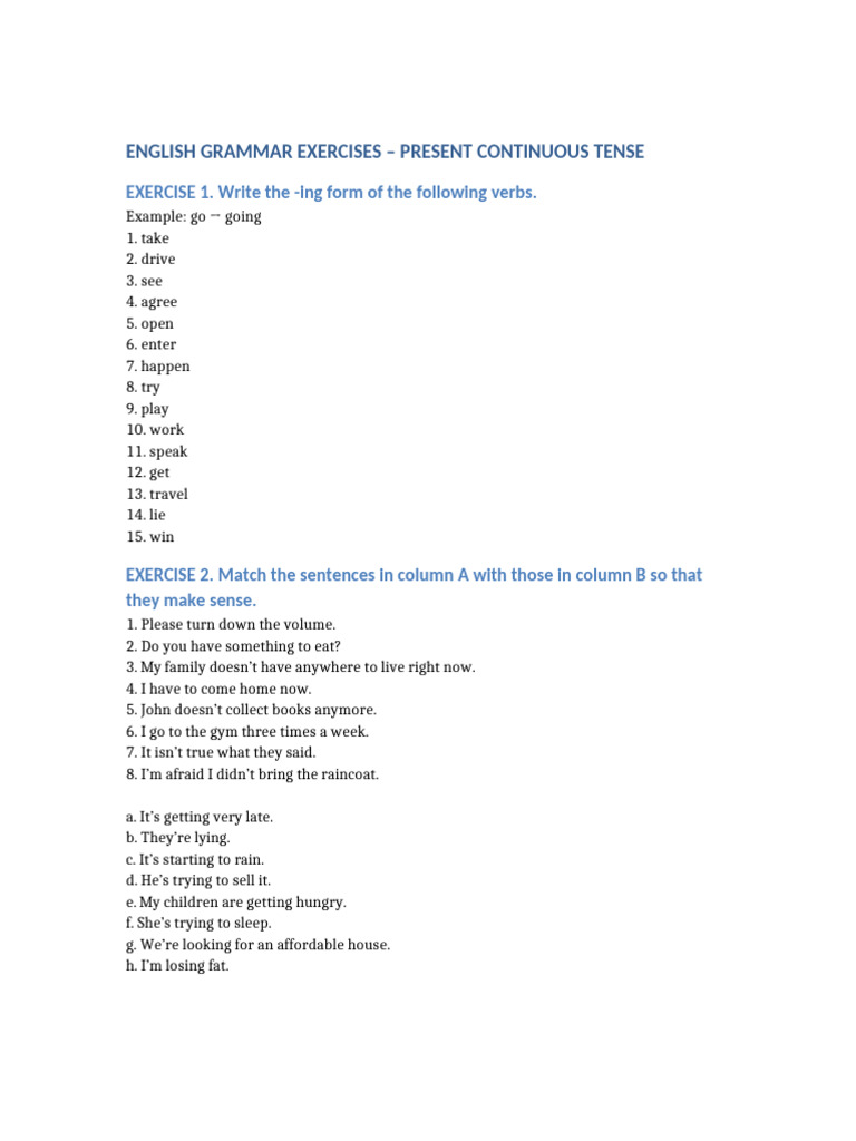 Present Continuous Tense Exercises | PDF