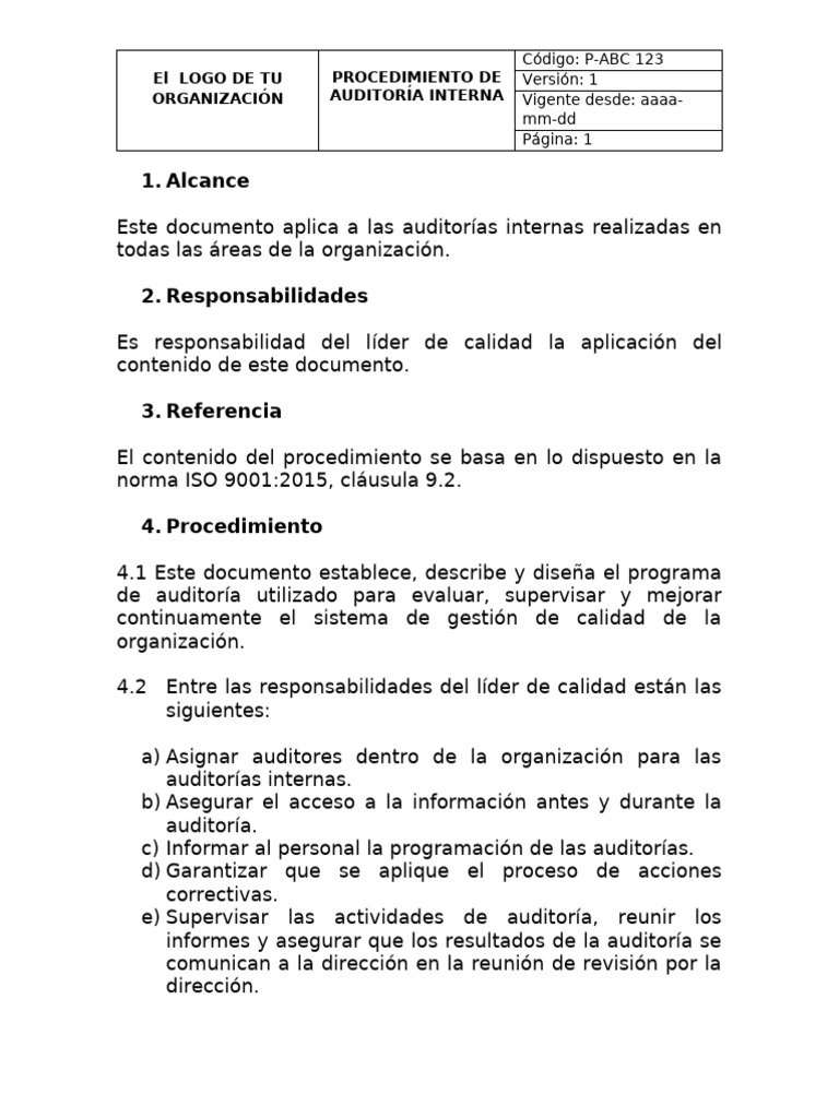 Procedimiento de Auditoría Interna ISO 9001 | PDF | Auditoría | Sistema ...