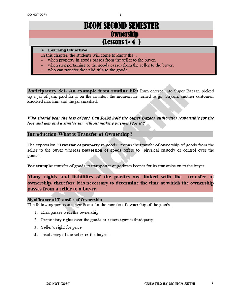 Transfer of Ownership in Goods Explained | PDF | Prices | Private Law