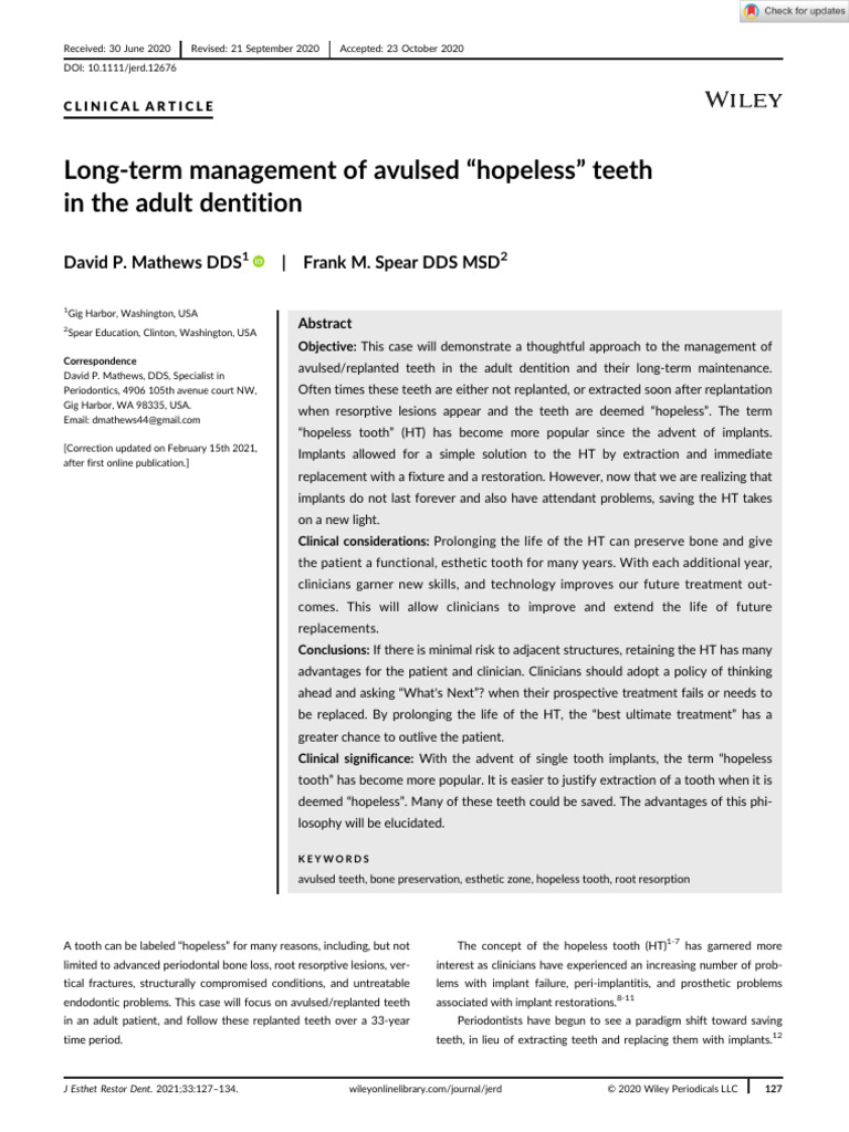 J Esthet Restor Dent - 2020 - Mathews - Long Term Management of Avulsed ...