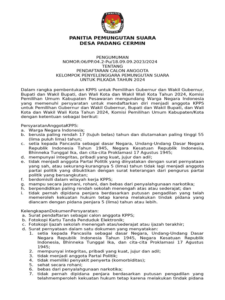 Pengumuman Pps Pendaftaran Kpps - Edit | PDF