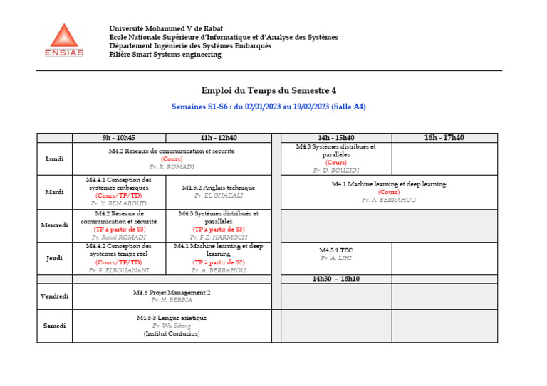 Emploi du Temps Semestre 4 ENSI Rabat | PDF | Informatique
