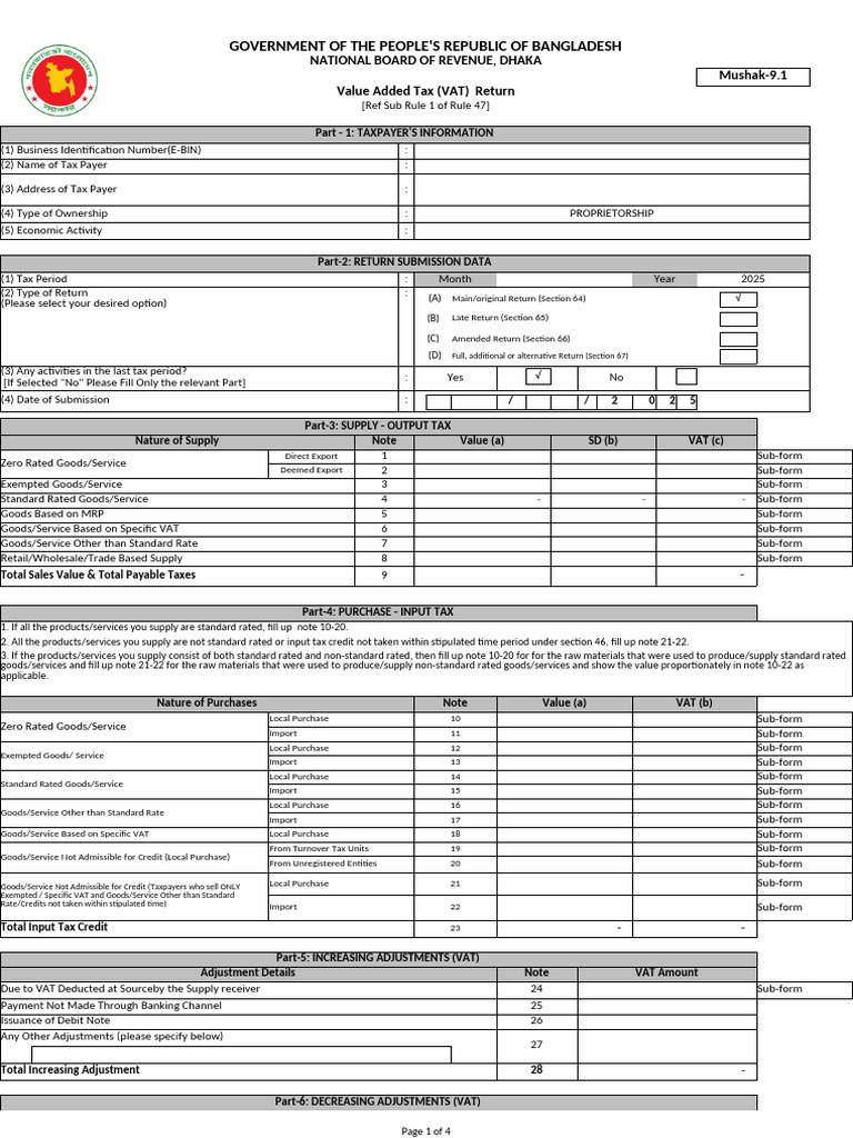 Blank VAT Return Form (Mushak-9.1) | PDF | Value Added Tax | Taxes