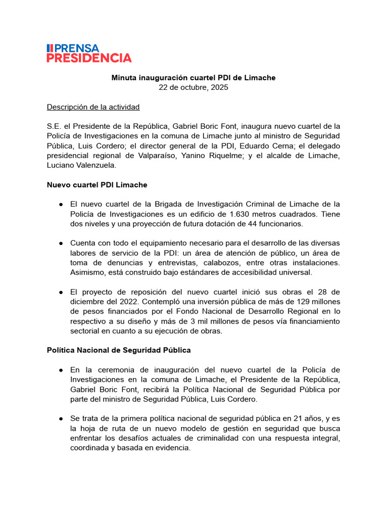 Inauguración cuartel PDI Limache 2025 | PDF