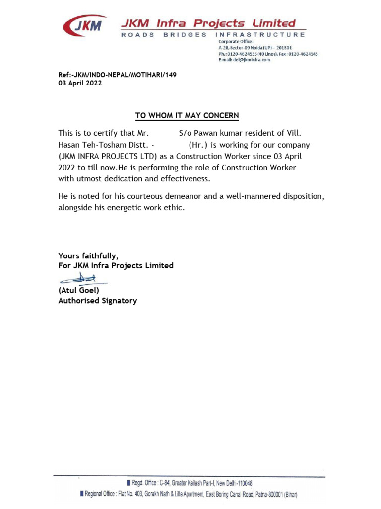 Employment Certification for Construction Worker | PDF
