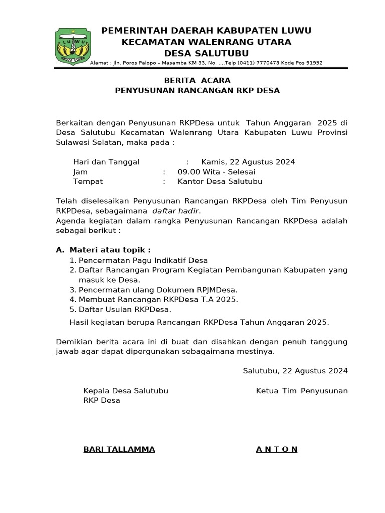 Rancangan RKP Desa Salutubu 2025 | PDF