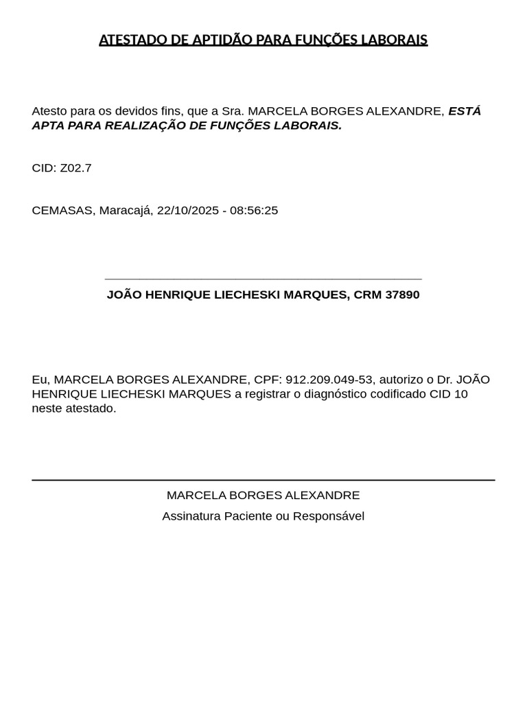 Atestado de Aptidão Laboral - CID Z02.7 | PDF