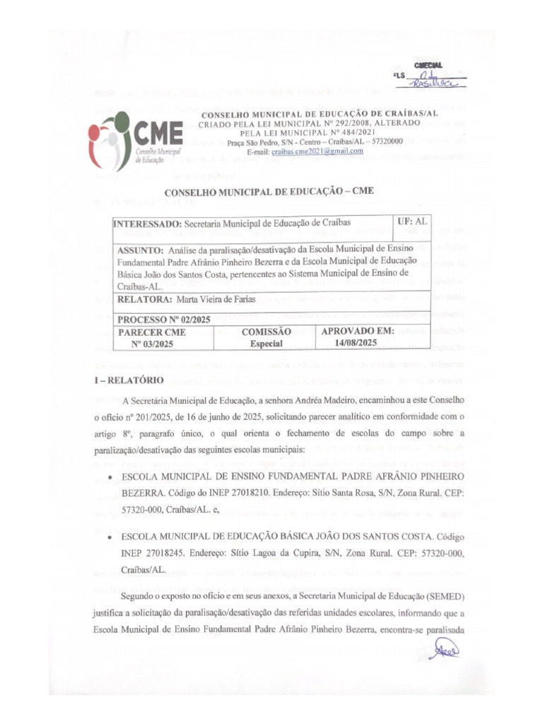 Conselho Municipal de Educação de Craíbasal | PDF