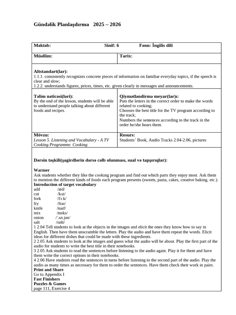6th Grade English Cooking Lesson Plan | PDF | Vocabulary | Human ...