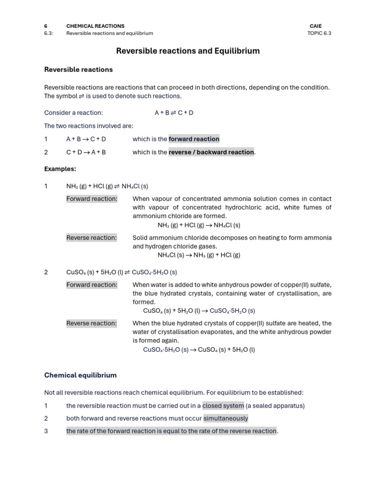 Reversible Reactions and Equilibrium | PDF | Chemical Equilibrium ...