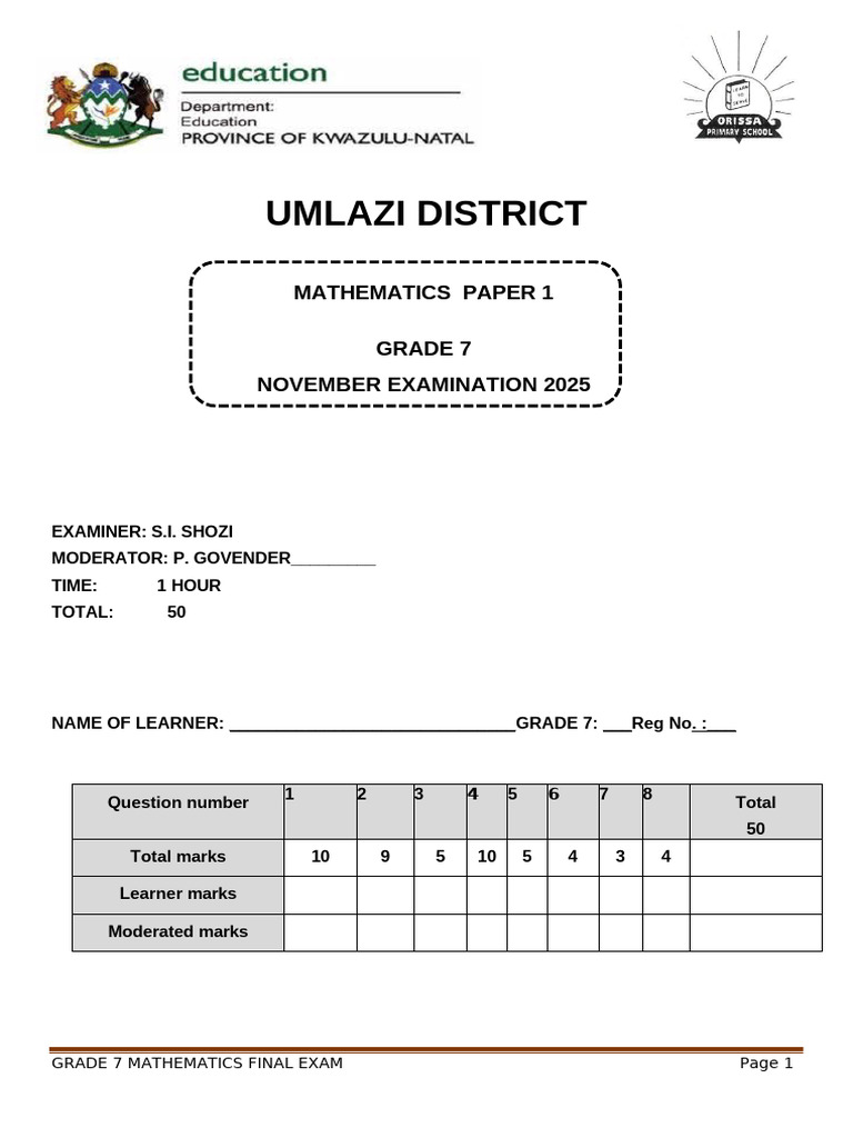 Grade-7-Math-QP-grade-7-November-2025 Moda p1 | PDF | Numbers | Mathematics