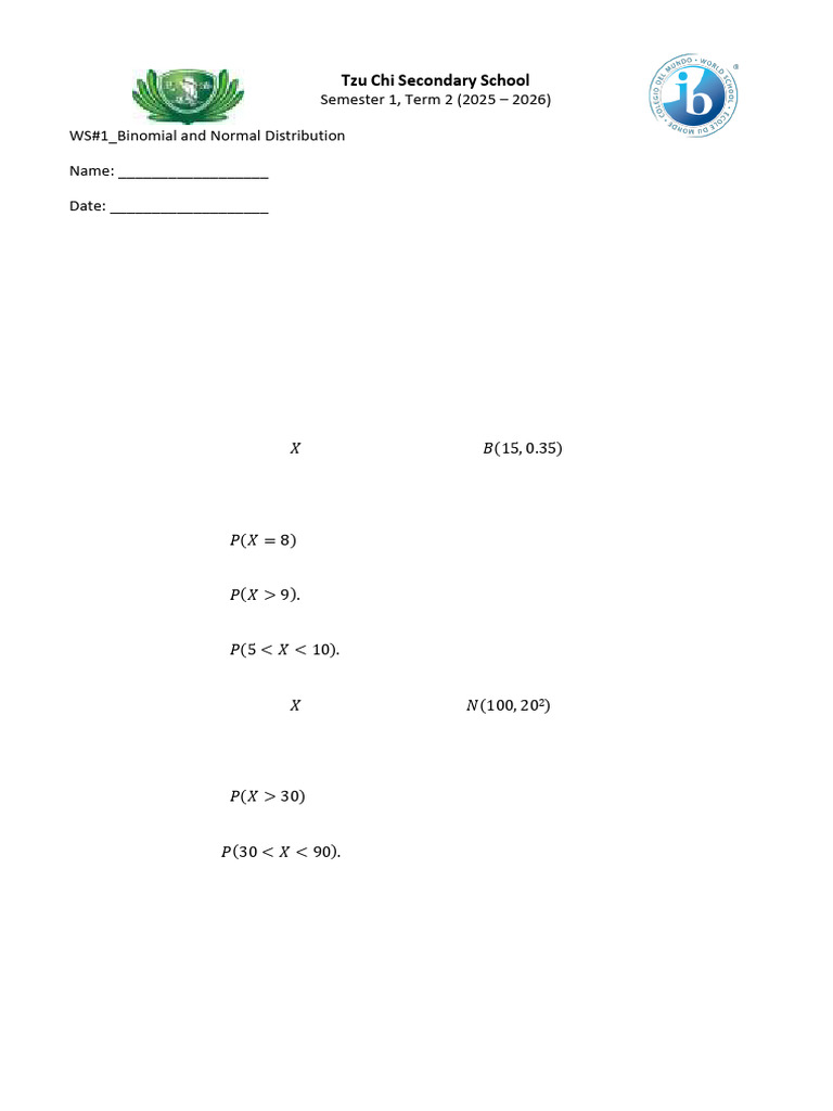 2526 T2 WS 1 Binomial and Normal Distribution | PDF | Statistical ...