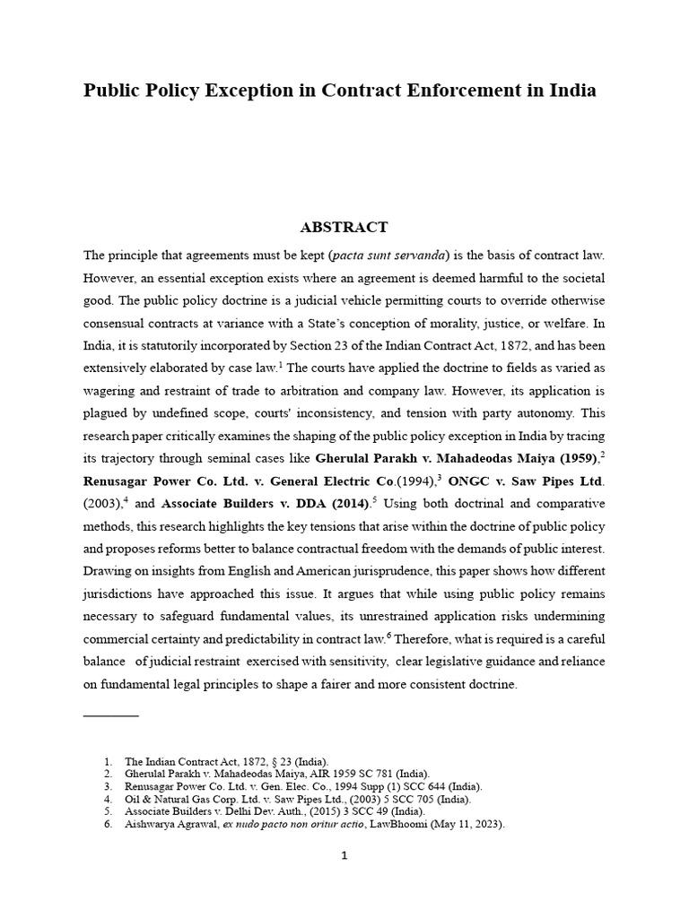 Public Policy Exception in Contract Enforcement in India - 1 | PDF ...
