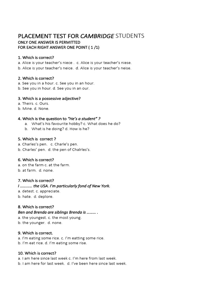 Cambridge Placement Test Questions | PDF | Verb | Language Mechanics