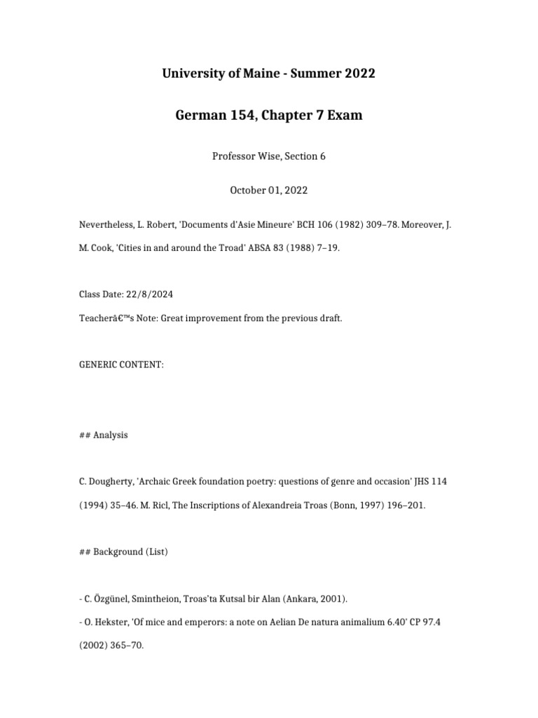 German 154 Chapter 7 Exam | PDF
