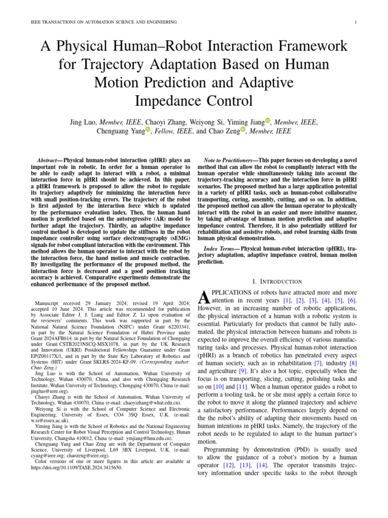 Human-Robot Interaction Framework for Trajectory Adaptation | PDF ...