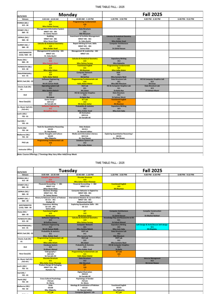 Timetable Fall 2025 (7 Oct 2025 - Latest) | PDF | Computing