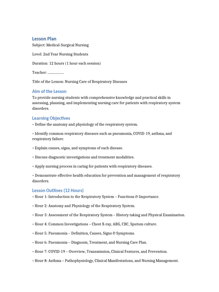 Nursing Care of Respiratory Diseases Lesson Plan 10hr Plus Review Exam ...