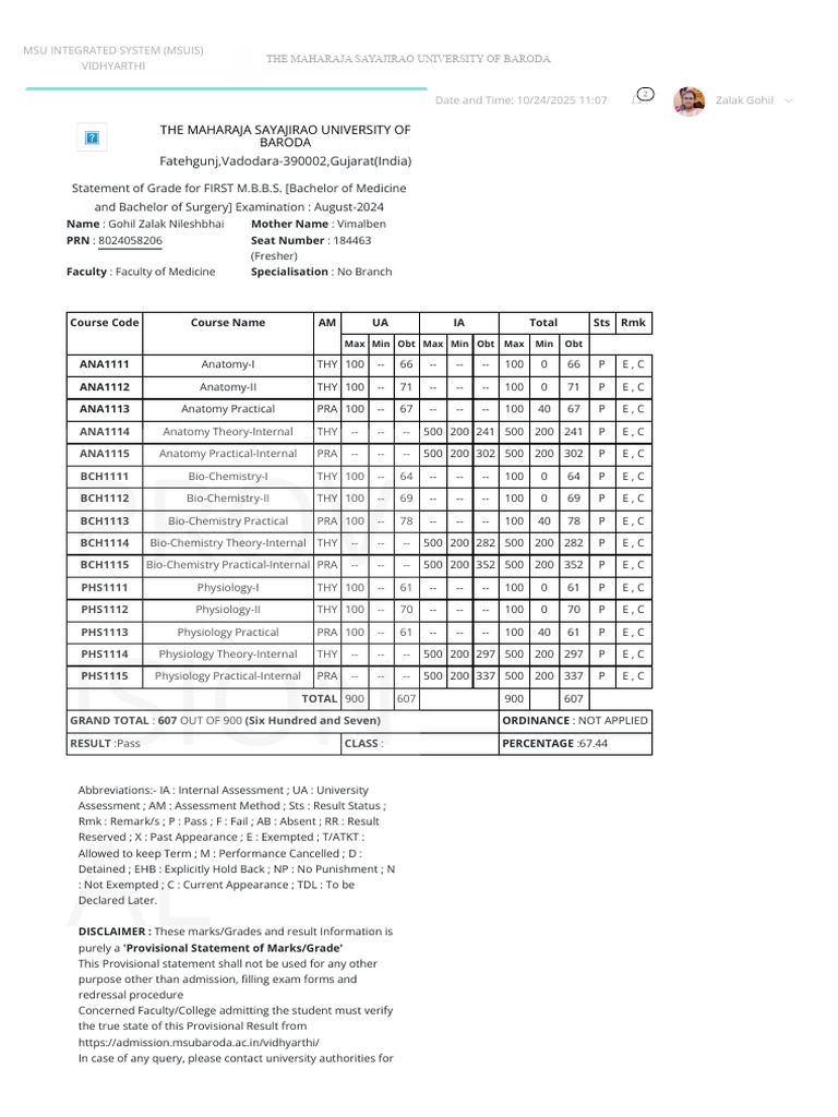 M.B.B.S. Provisional Grade Statement | PDF | Vocational Education ...