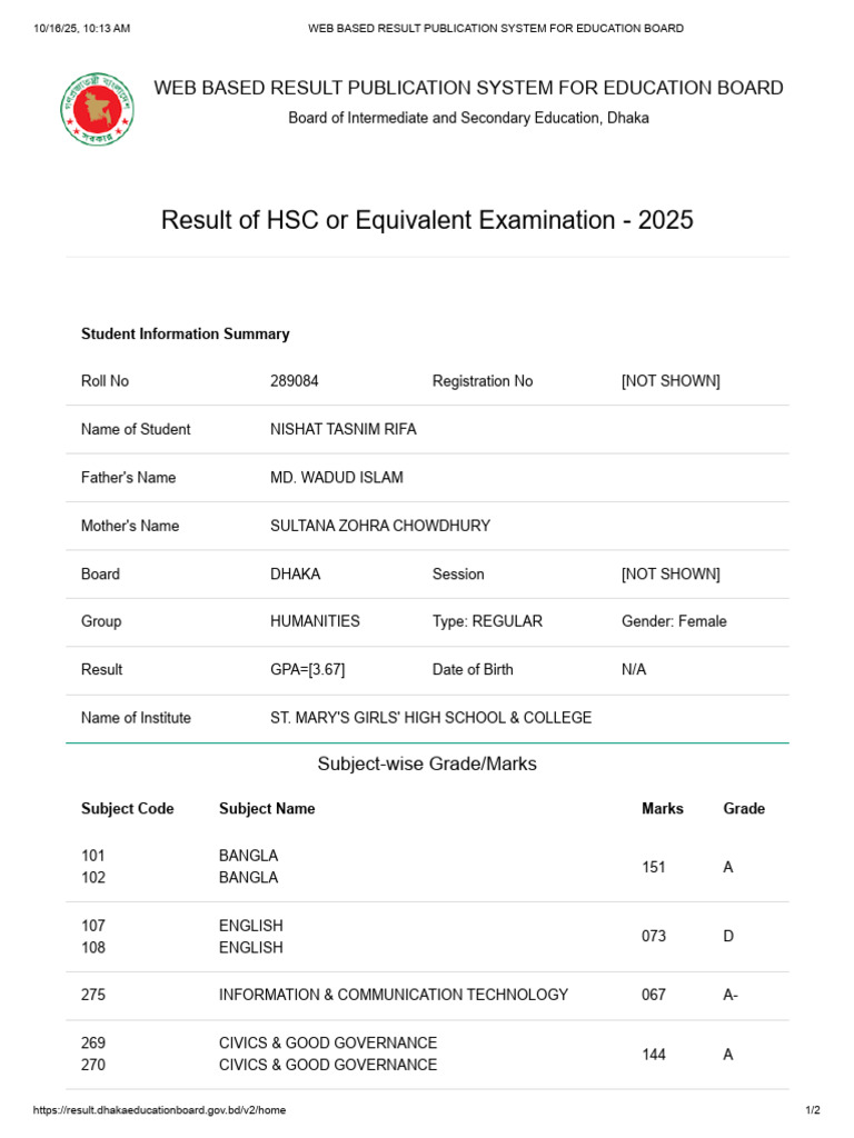 HSC Result 2025: Nishat Tasnim Rifa | PDF | Secondary Education ...