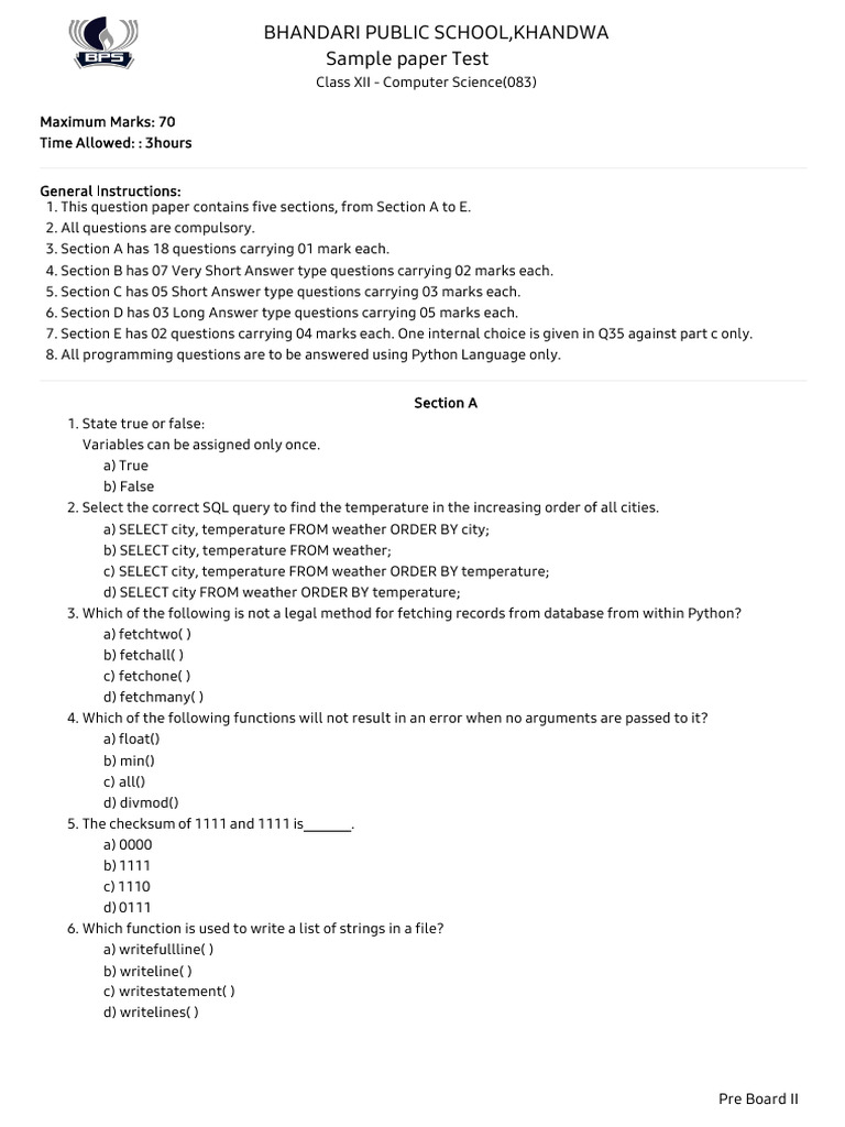 Class XII Computer Science Sample Paper | PDF | Computer Programming ...