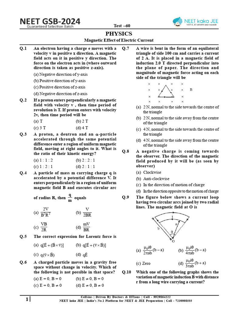 NEET & JEE Physics Magnetic Force Questions | PDF | Magnetic Field | Force