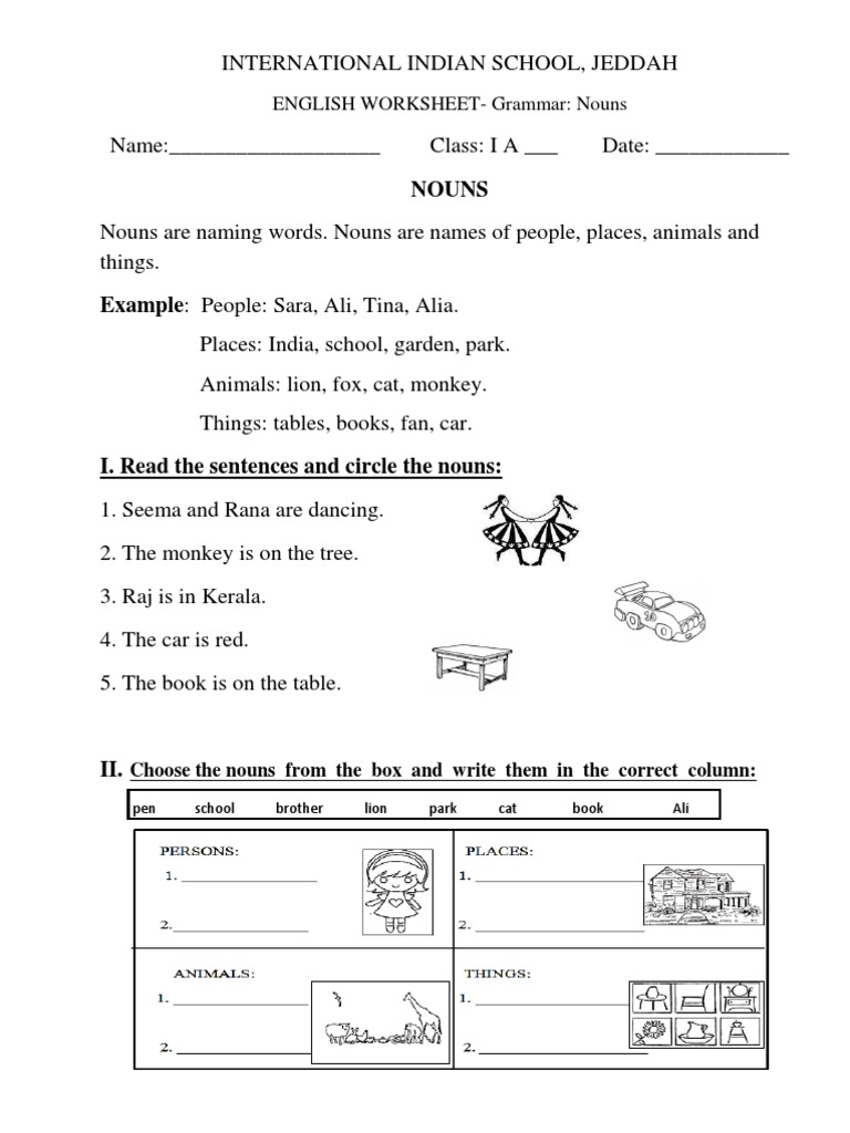 english worksheets class 1 nouns plurals verbs