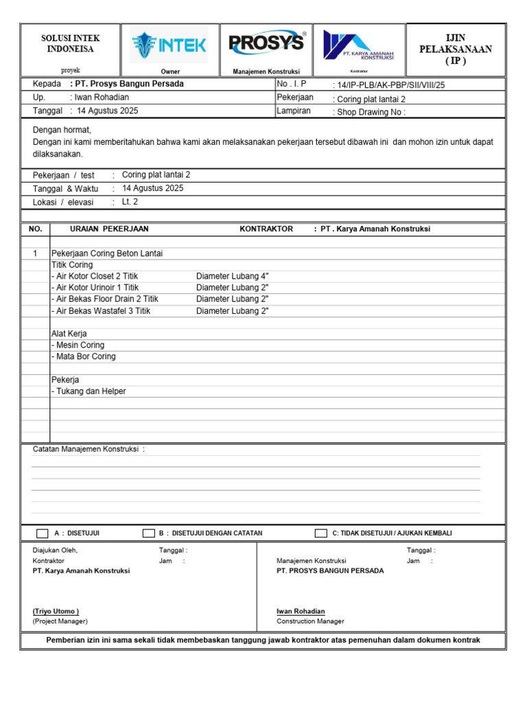 Izin Coring Beton Lantai 2 Prosys | PDF