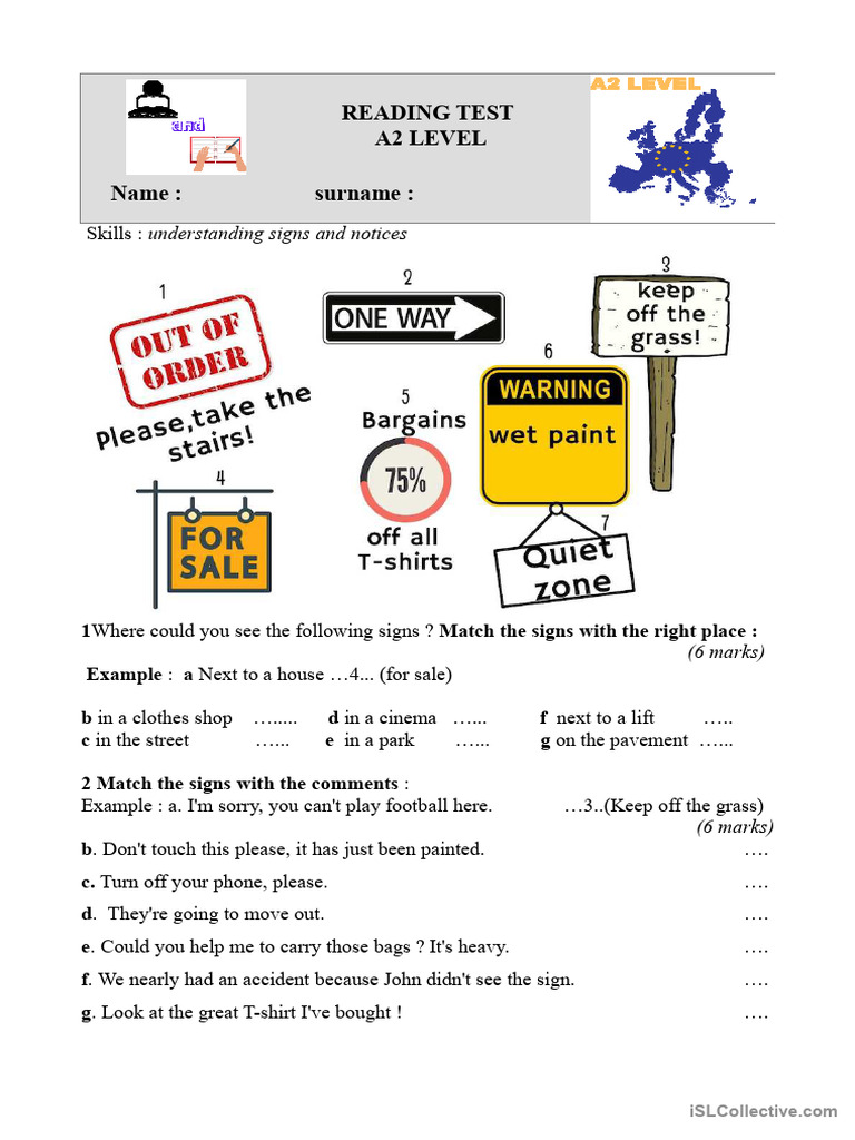 Reading Test - Part 1 - A2 Level | PDF