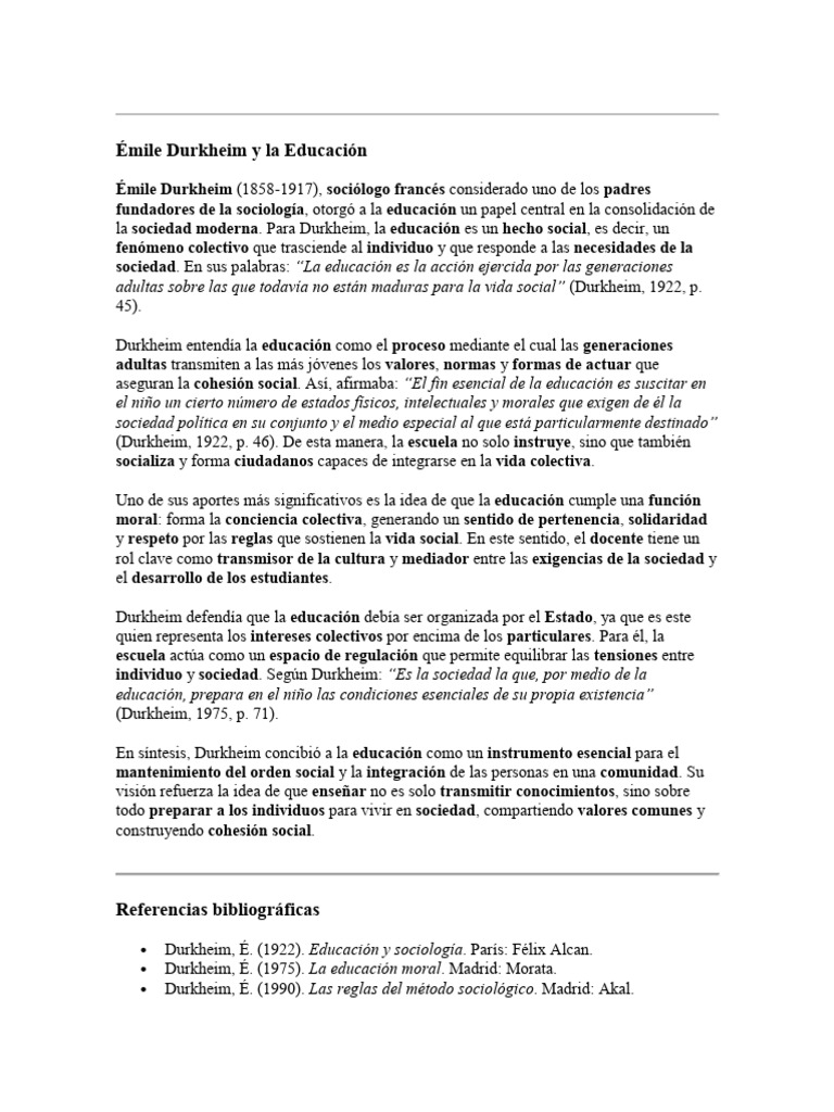 Durkheim y la Educación: Cohesión Social | PDF | Emile Durkheim ...
