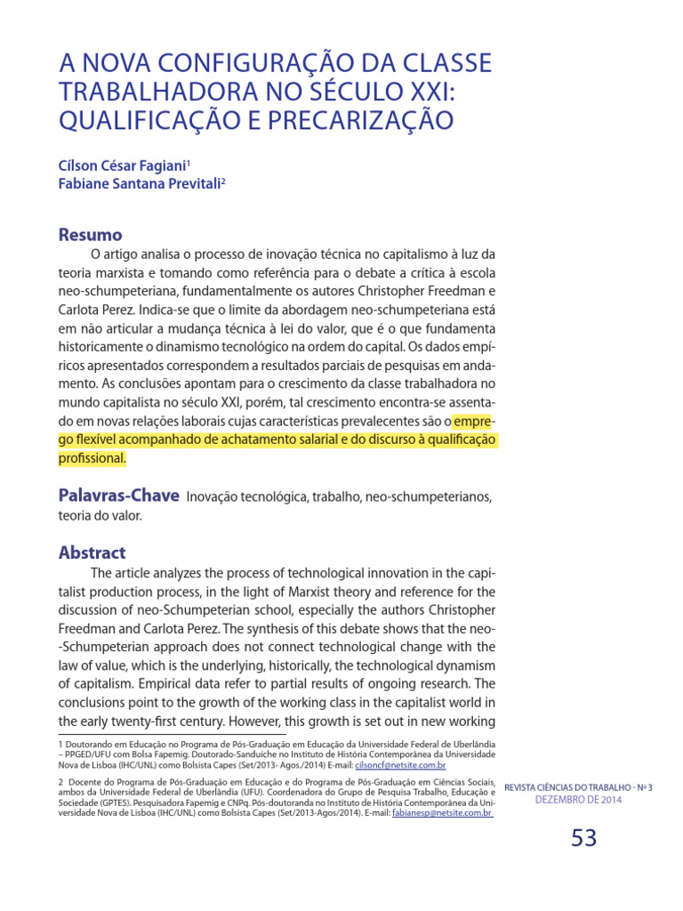 A NovA ConfigurAção DA ClAsse TrAbAlhAdorA No Século XXi QuAlificAção e ...