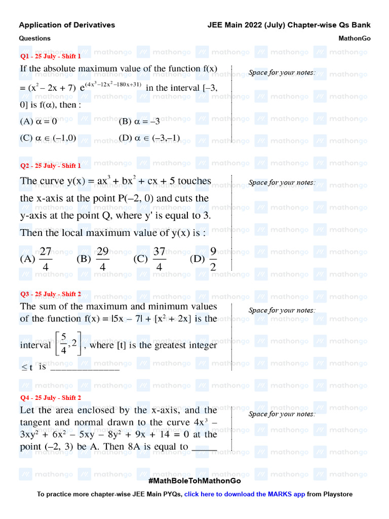 JEE Main 2022 Derivatives Questions | PDF