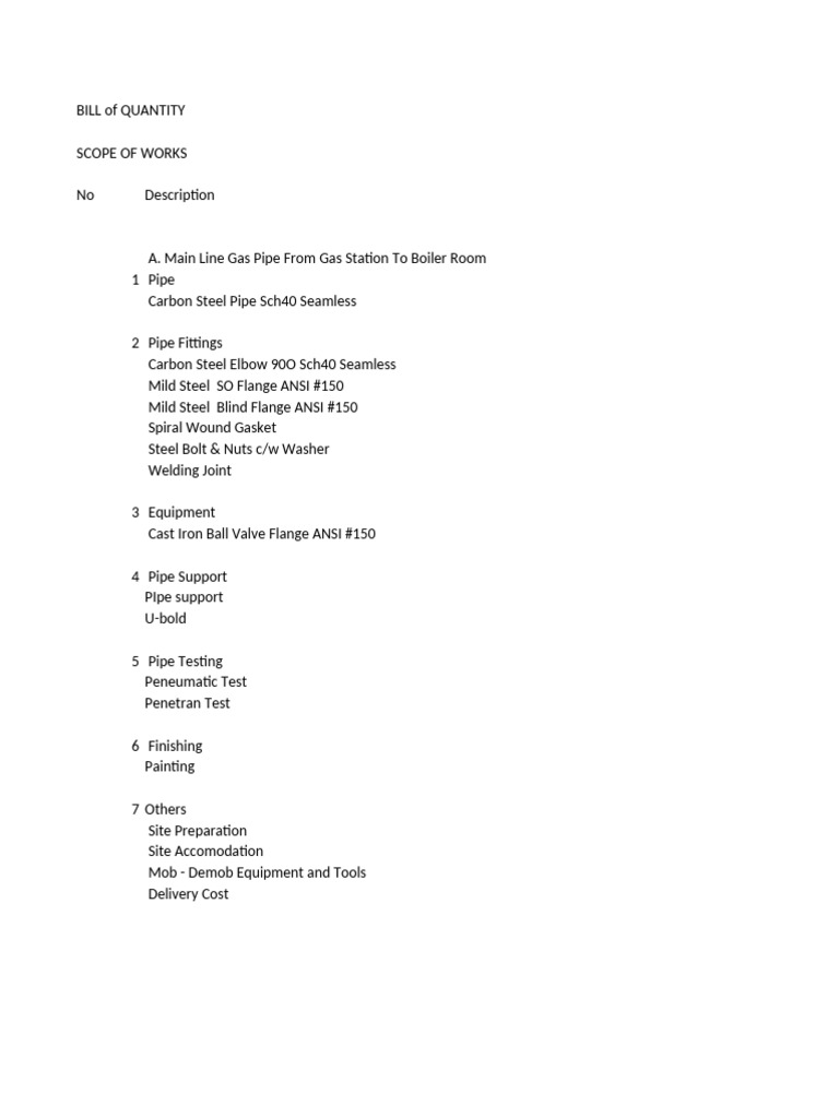 Gas Pipe Installation Bill of Quantities | PDF | Pipe (Fluid Conveyance ...