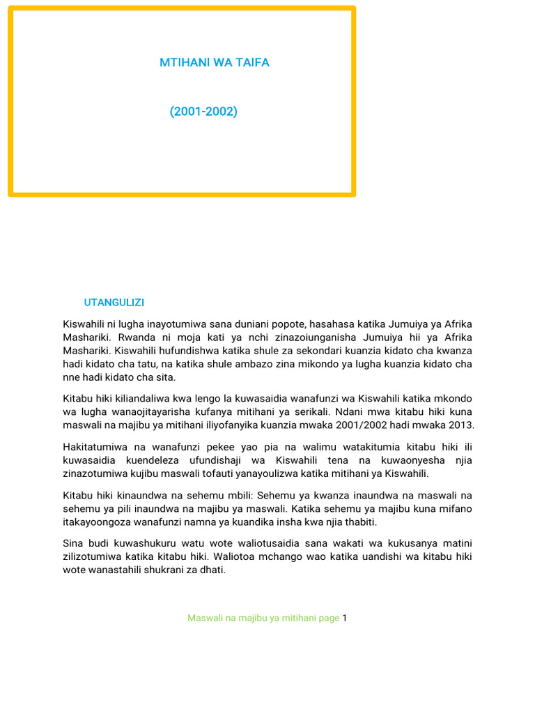 Mitihani Ya Taifa 2002 Hadi 2013 Na Majibu PDF