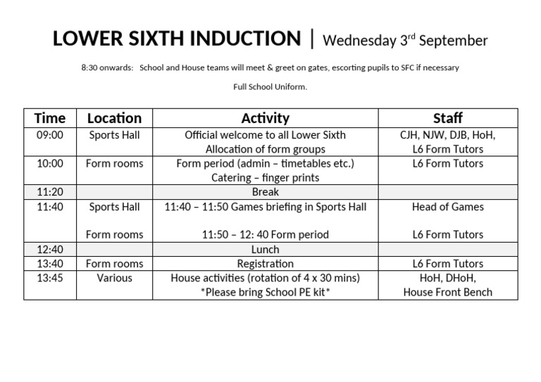 Lower Sixth Induction Schedule 2025 | PDF