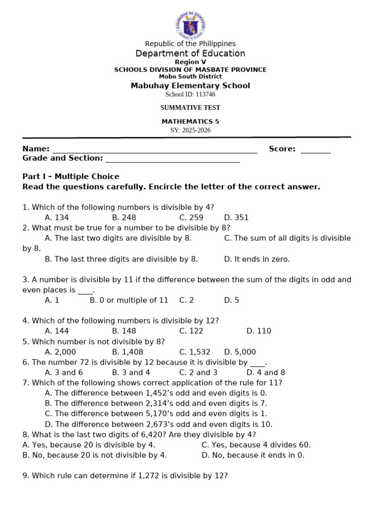 Summ - Test Mathematics 5 q2 w7 | PDF | Numbers | Summation