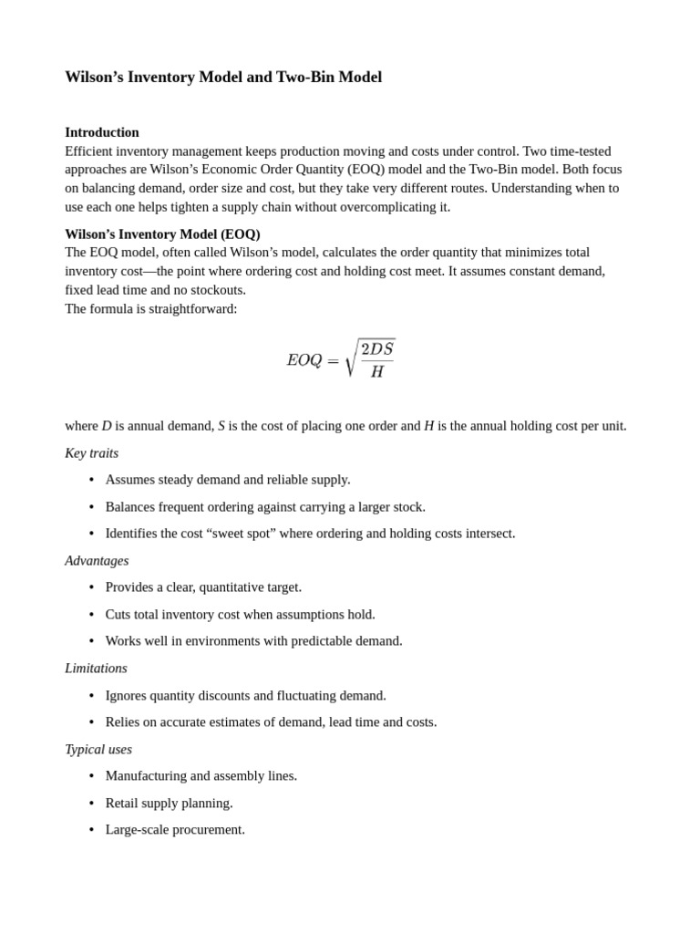 Wilson's Inventory Model Explained | PDF | Inventory | Demand