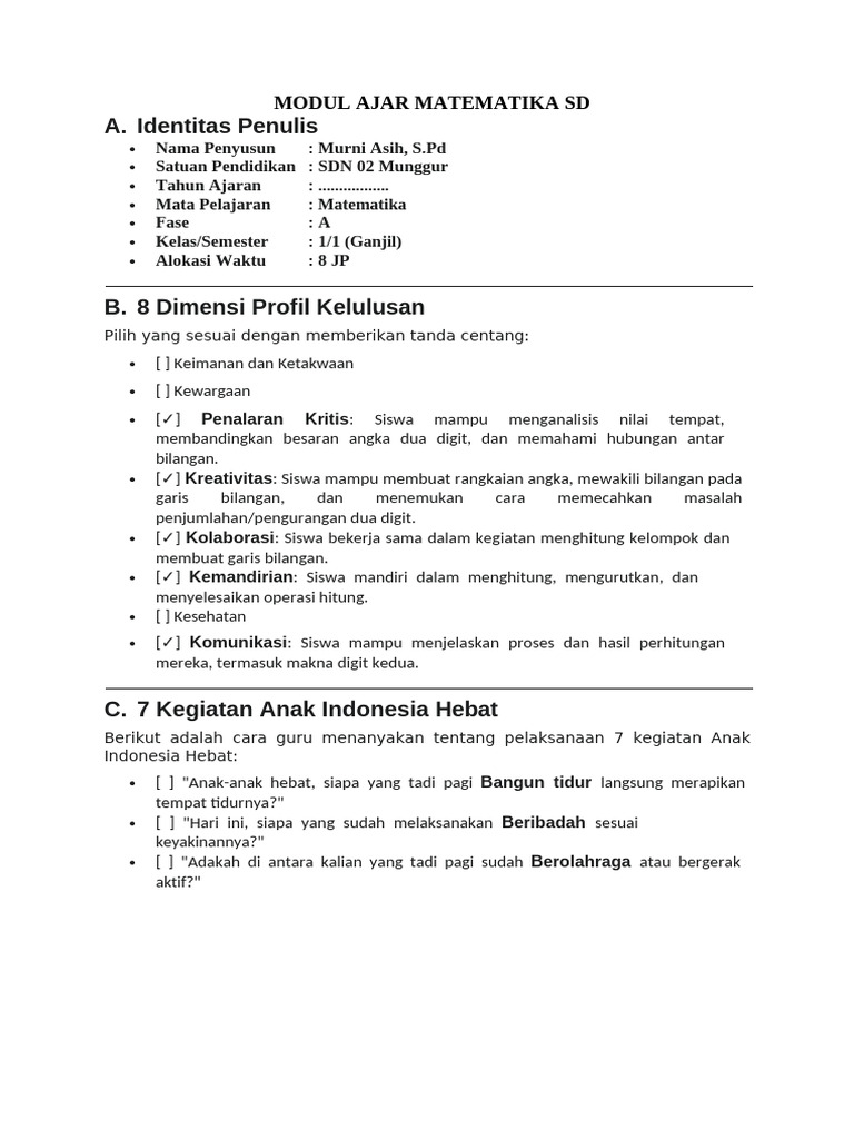 Modul Ajar Matematiks BAB 3 KELAS 1 | PDF
