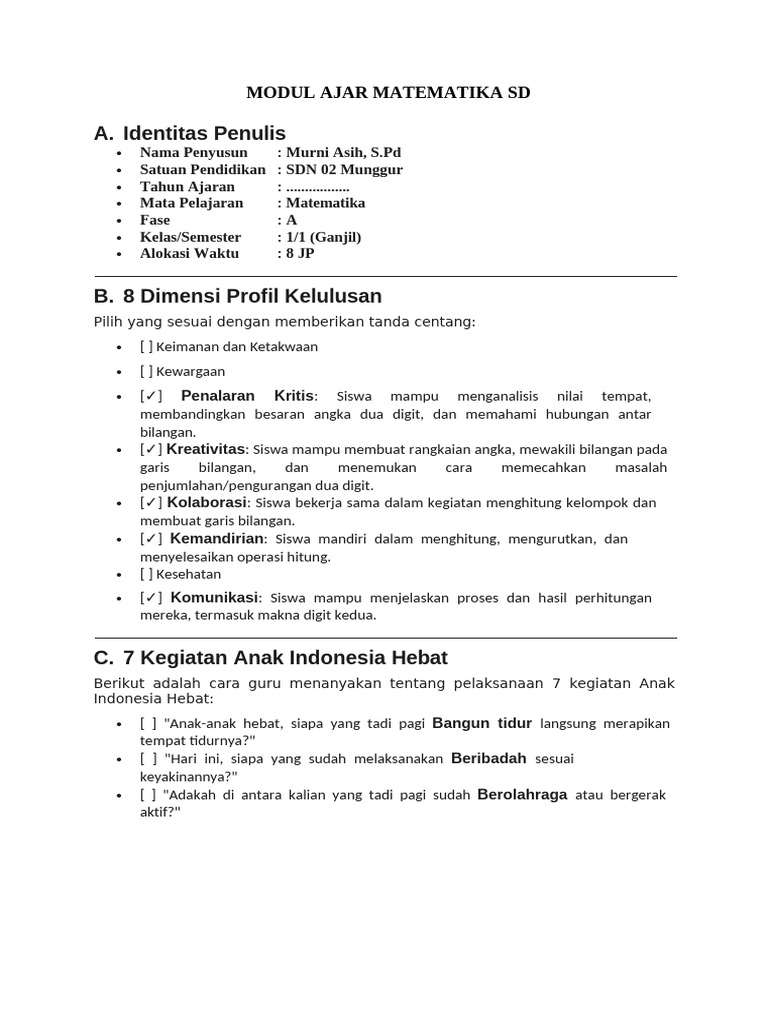 Modul Ajar Matematika Kelas 1 SD | PDF