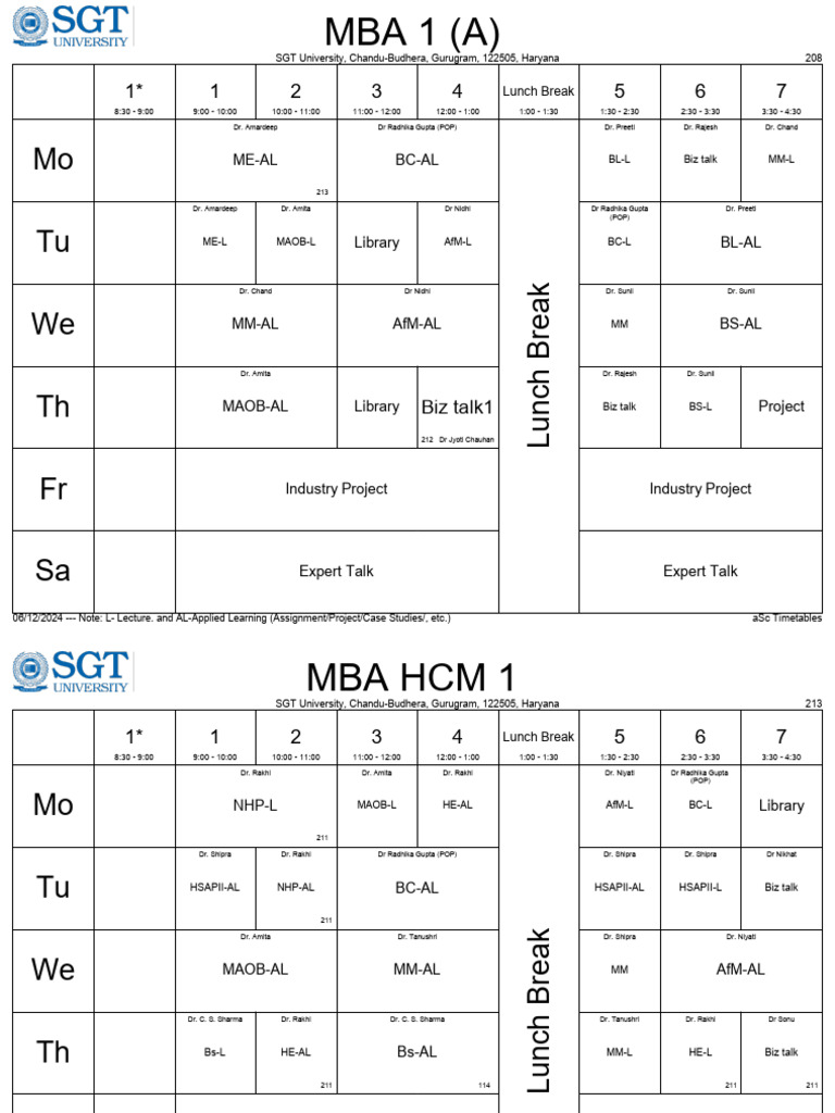 SGT University MBA Timetable 2024 | PDF