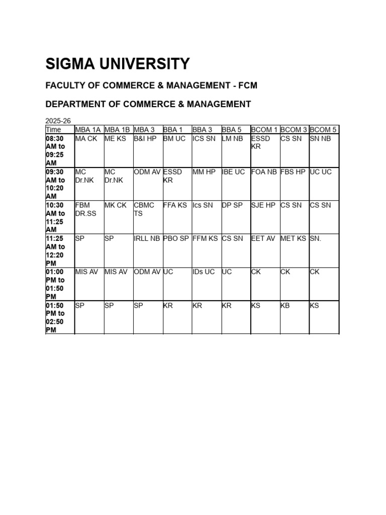 Sigma University MBA & BBA Class Schedule | PDF