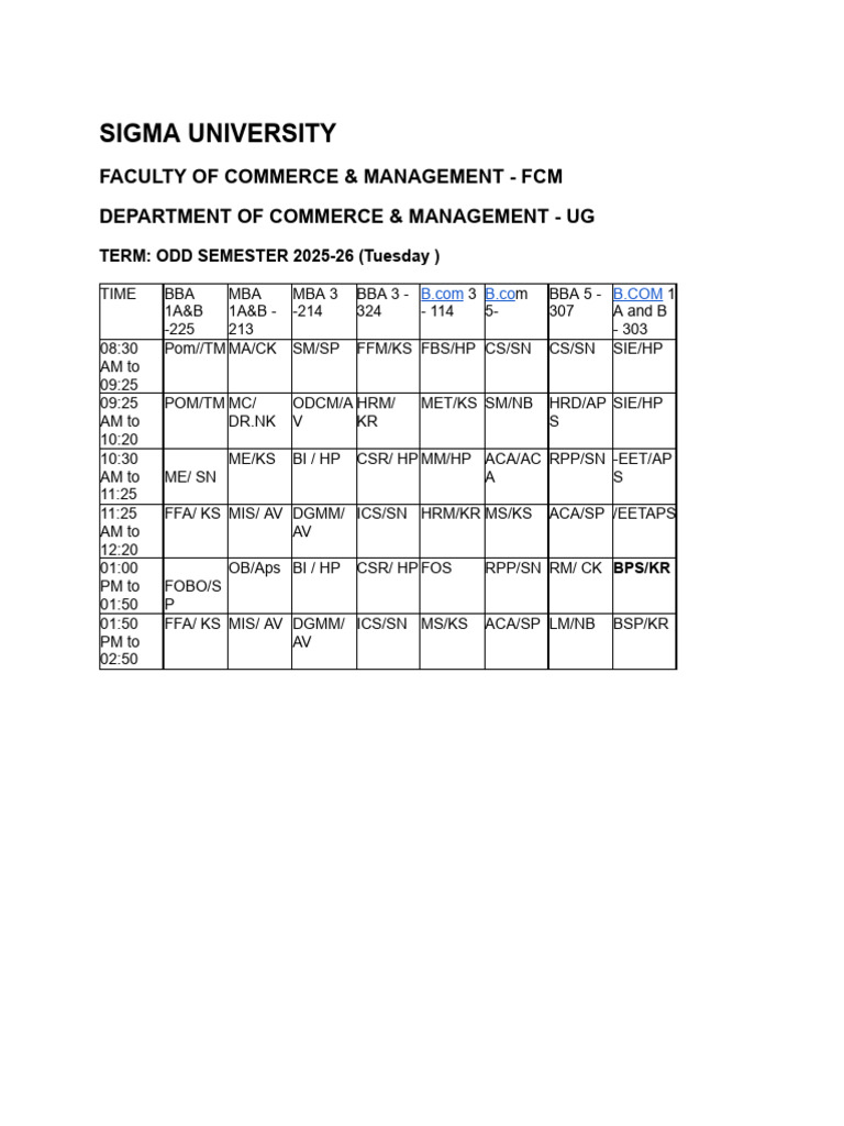 Tuesday Time Table.docx | PDF