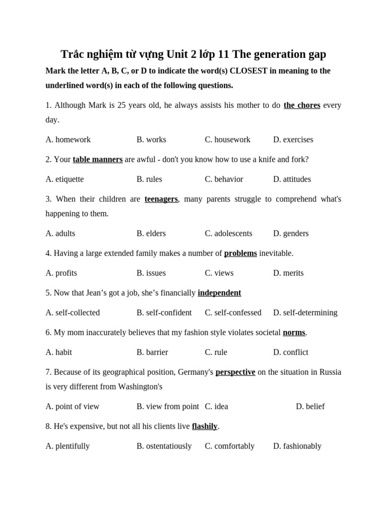 Trac Nghiem Tu Vung Unit 2 The Generation Gap Tieng Anh 11 Global Succ ...