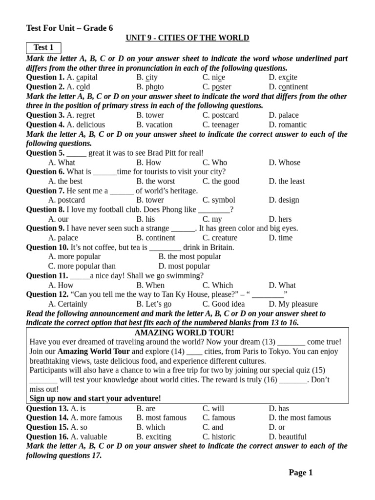 Grade 6 Unit 9 Cities Test | PDF | Cost Of Living | Sydney