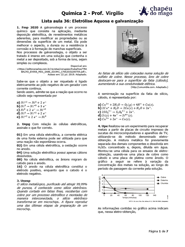 Lista Aula 36 - Eletrólise Aquosa e Galvanização PDF | PDF | Cátodo ...
