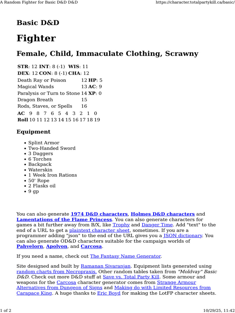 A Random Fighter For Basic D&D D&D | PDF