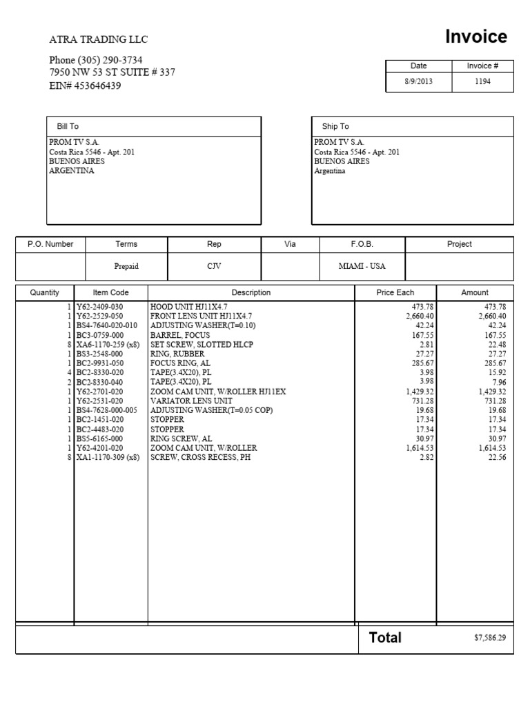 Inv 1194 From Atra Trading LLC 13300 | PDF