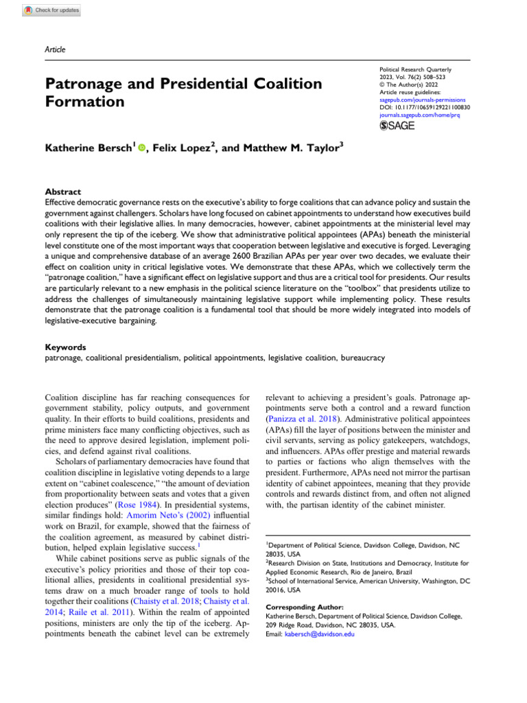 Patronage in Presidential Coalitions | PDF | Coalition | Cabinet ...