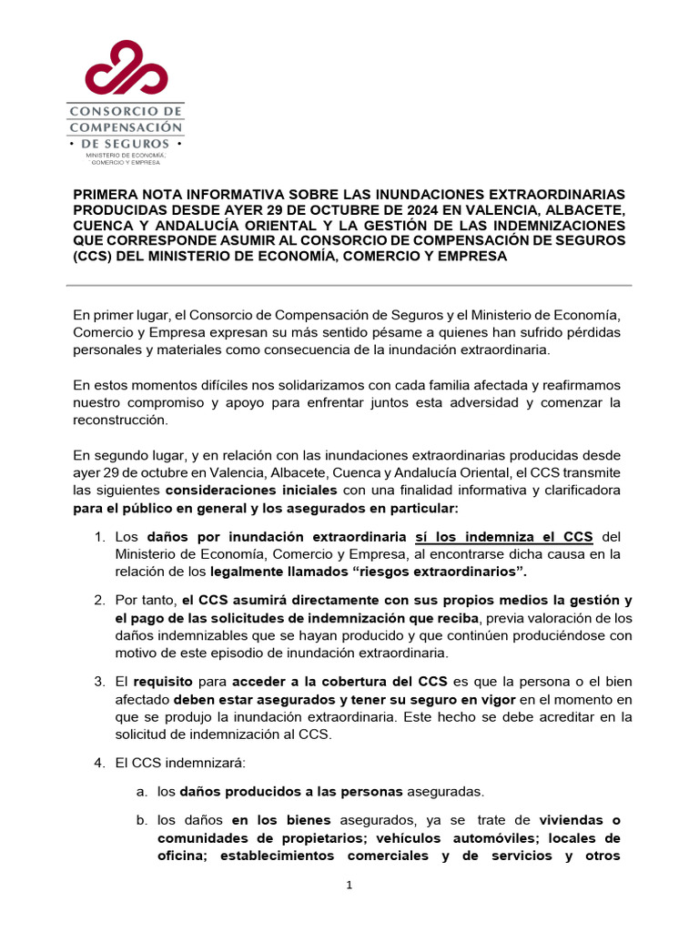 1ª nota informativa Dana Valencia y Albacete 30.10.24 v2 | PDF | Seguro ...